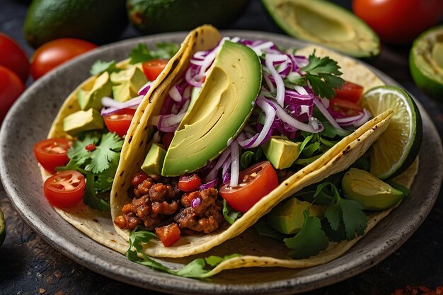 Tacos vegetarianos vibrantes com abacate