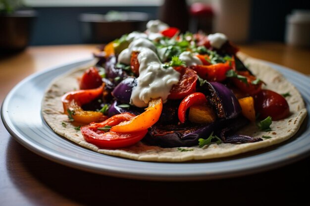 Tacos de verduras asadas con crema de limón de aguacate