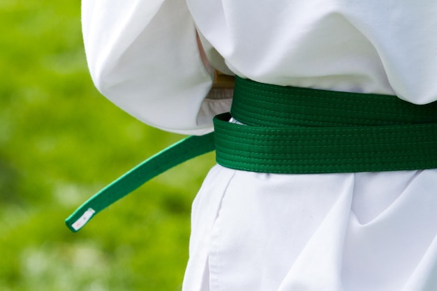 Taekwondo-Schüler, der im Park übt.