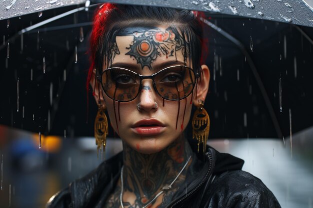 Tätowierung auf der Körperhaut einer Frau Tätowieren auf der Haut einer Frau Tattoos als eigenständige Kunstform einzigartiges Design authentische Konturen kühnes Aussehen selbstbewusster Charakter Make-up freie künstlerische Zeichnung