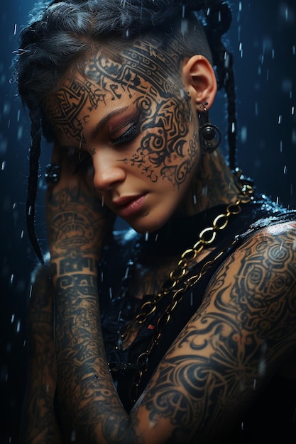 Tätowierung auf der Körperhaut einer Frau Tätowieren auf der Haut einer Frau Tattoos als eigenständige Kunstform einzigartiges Design authentische Konturen kühnes Aussehen selbstbewusster Charakter Make-up freie künstlerische Zeichnung