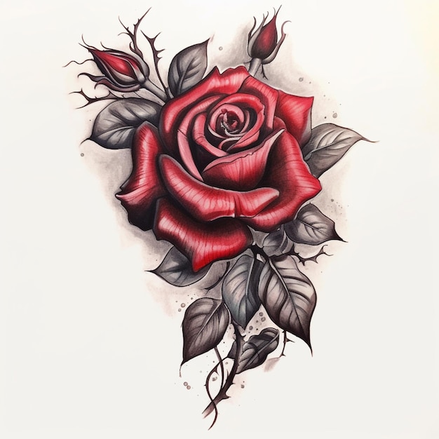 Tätowierung einer Rose mit Blättern und einer Rosenknospe generativ ai
