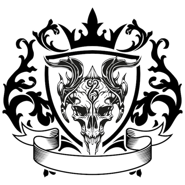 Tätowierung und T-Shirt-Design Schwarz-Weiß Handzeichnung Spezielle Kopf Skelett gekrönte Illustration