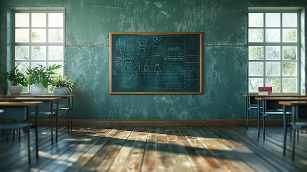 Tafel mit Schrift in einem mit Pflanzen gefüllten Klassenzimmer