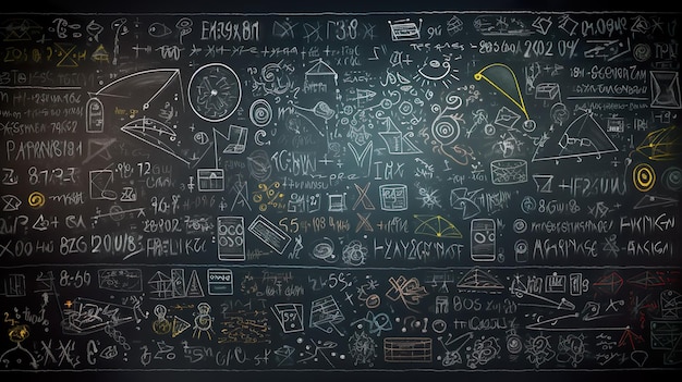 Tafel mit wissenschaftlichen Formeln und Berechnungen in Physik und Mathematik