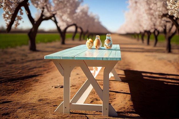 Tafel- und blühender Mandelgarten im Frühjahr für produktgenerierende ai