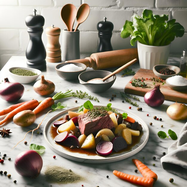 Foto tafelspitz carne de res hervida con verduras en el mostrador de mármol