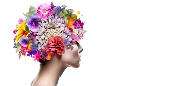 Tag der psychischen Gesundheit Frauenkopf aus bunten Blumen Fiktive Person, die mit generativer KI erstellt wurde
