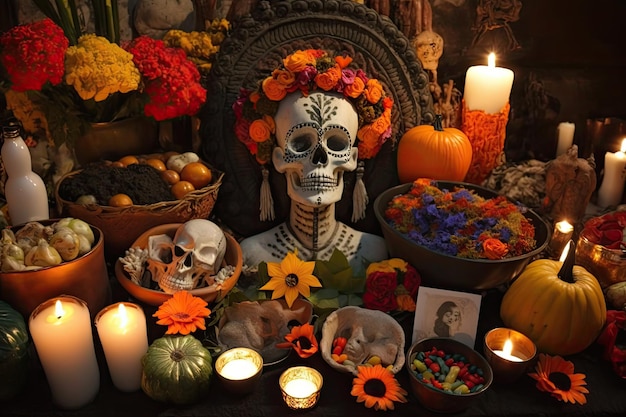 Tag der Toten Altar gefüllt mit Opfergaben und Blumen für die Verstorbenen