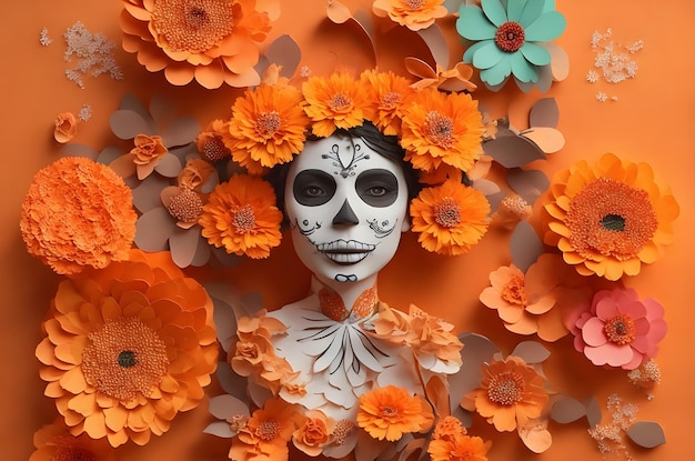 Tag der toten Catrina, Papierkunststil, von der KI generiert