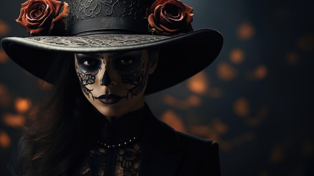 Tag der Toten, Dia de Muertos, ein Feiertag zu Ehren der Toten, die Seelen verstorbener Verwandter besuchen das Zuhause, Schädel, Skelette, Halloween, Make-up, das die Toten kreativ und schön verehrt