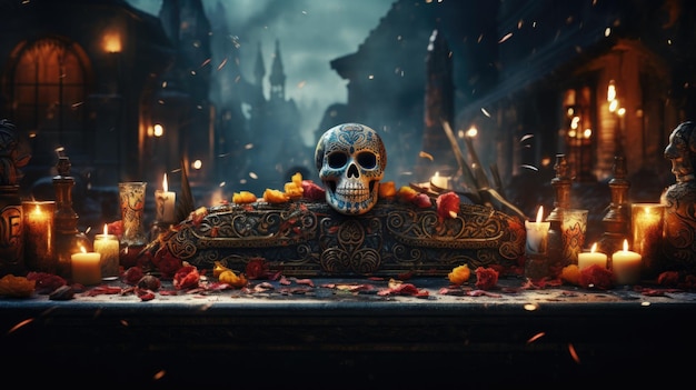 Tag der Toten, Dia de Muertos, ein Feiertag zu Ehren der Toten, die Seelen verstorbener Verwandter besuchen das Zuhause, Schädel, Skelette, Halloween, Make-up, das die Toten kreativ und schön verehrt