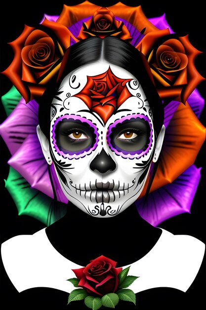 Tag der Toten Fastival Junge Frau Sugar Mexican Skull Makeup AI Generative Illustration