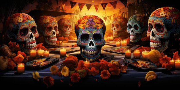 Tag der Toten Hintergrund Halloween Dia De Los Muertos Mexikanische Zuckerschädel Generative KI