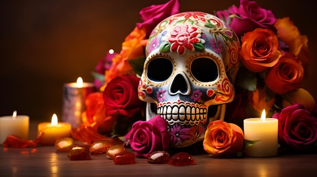 Tag der Toten Hintergrund mit Totenkopfmaske, Kerzen und Blumen, Vorderansicht, Nahaufnahme, Feiertagsbanner mit Dia de Los Muertos-Totenkopf für Postkartenplakat, Website-Grußeinladung, Copy Space AI