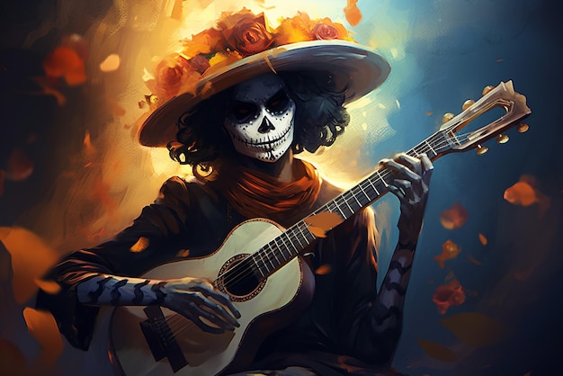 Tag der Toten Musik realistisch mit einem Skelett hält eine Gitarre im Stil der leuchtenden Atmosphäre