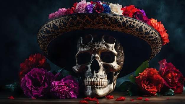 Tag der Toten oder Dia de Muertos 3D-Schädel mit Blumen, generiert mit KI