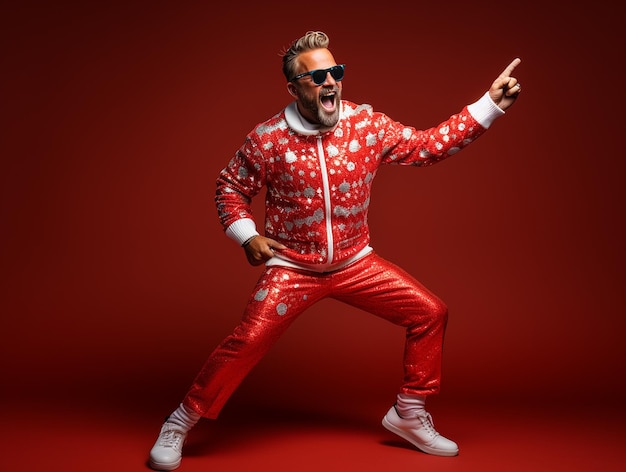 Tag des hässlichen Weihnachtspullovers Cooler alter Mann, der in Weihnachtskleidung auf rotem Hintergrund tanzt