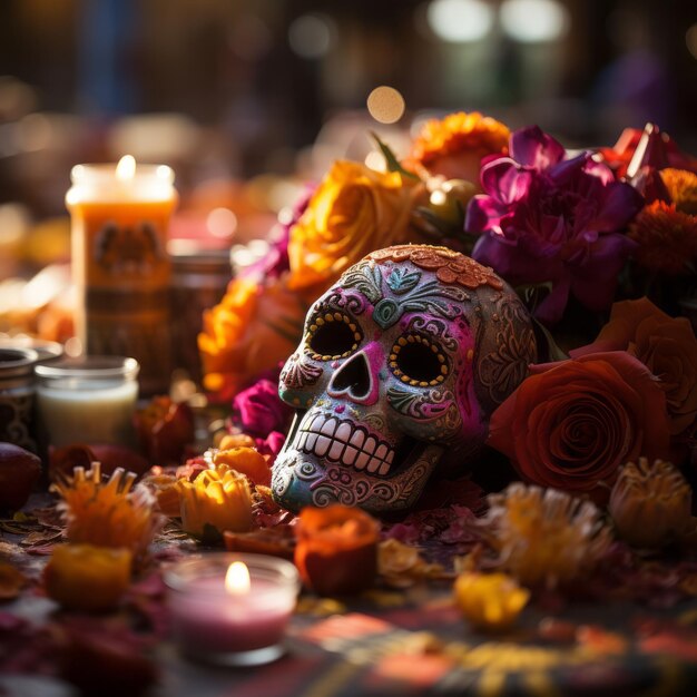 Tag des toten Schädels mit Kerzen und Blumen auf einem Holztisch im Stil des Haunting geschmückt