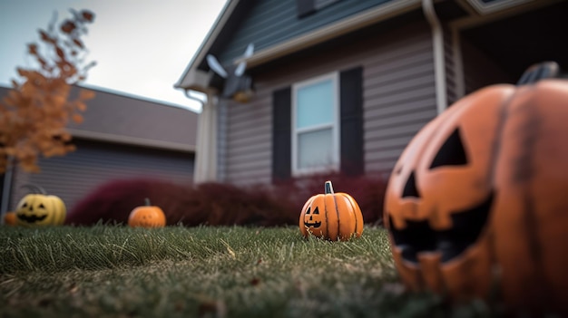 Tagesansicht eines Halloween-Kürbis-Hauses in der Nähe im Herbst