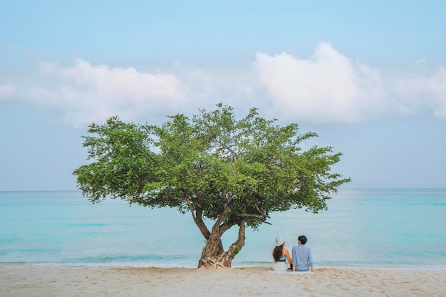 Foto tagesatmosphäre unter den bäumen, weißer sandstrand, klares wasser am meer, koh larn tropical beach, pattaya city, chonburi, thailand