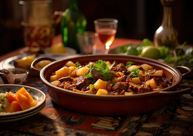 Foto un tagine de cordero disfrutado con amigos en una comida compartida