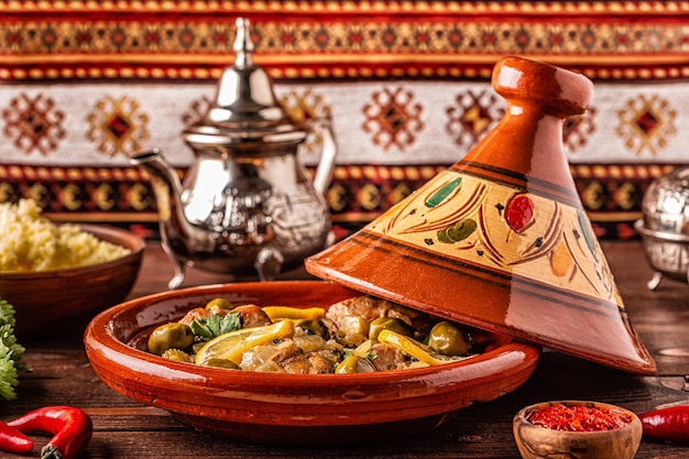 Foto tagine de frango marroquino tradicional com azeitonas e limões salgados