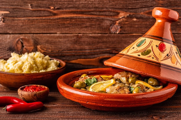 Tagine de pollo tradicional marroquí con aceitunas y limones salados