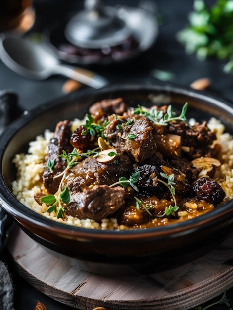 Tagine tradicional marroquí con ciruelas de cordero y almendras adornadas con hierbas frescas Un sabroso plato norteafricano cocinado en una distintiva olla de barro