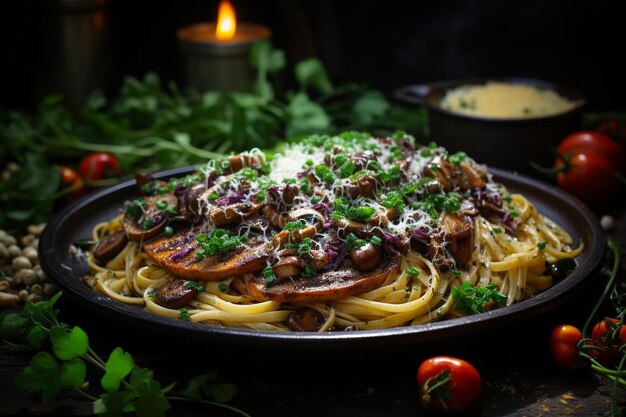 Tagliatelle de agua para la boca con mezcla de setas