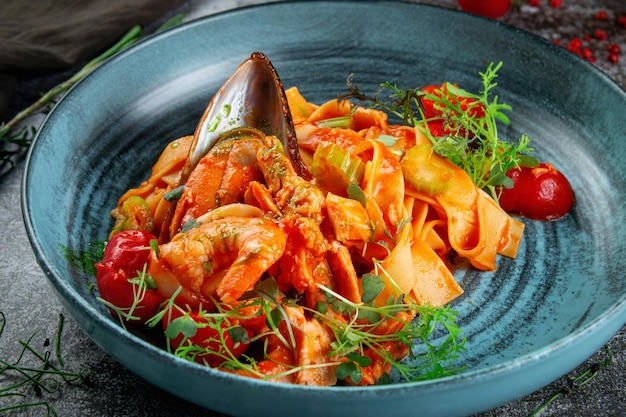 Tagliatelle mit Meeresfrüchten, Garnelen und Austern in delikater Tomatensauce