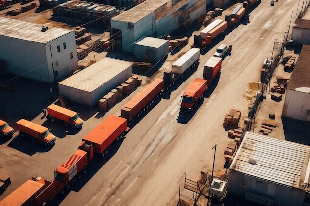 Tagsüber Luftaufnahme von Lastwagen, die in der Nähe von Lagerhallen in der Fabriklandschaft geparkt sind