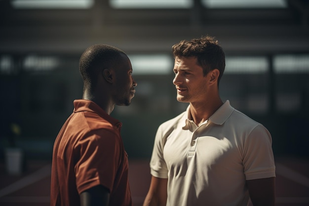 Foto tagsüber stehen tennisspieler auf dem tennisplatz und unterhalten sich mit ihren trainern