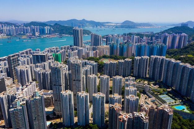 Tai Koo, Hong Kong 22 de septiembre de 2019: Vista superior de la ciudad de Hong Kong