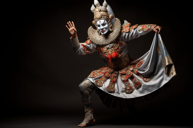 Tailandia bailando en actuaciones de khon enmascaradas en el arte tailandés gris con un traje y danza únicos