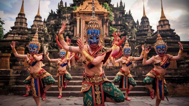 Tailandia bailando en khon benjakai enmascarado con un antiguo templo