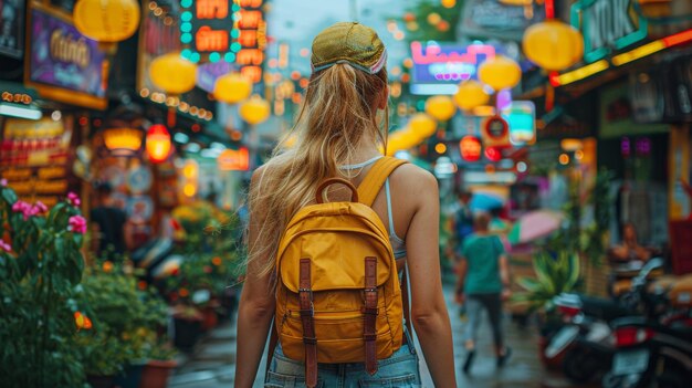 Tailândia Bangkok uma jovem mulher caminhando pela famosa rua de mochileiros Khao San