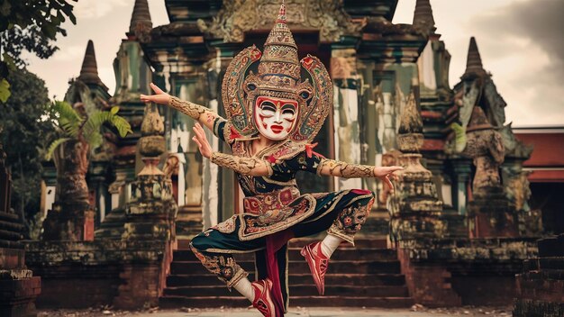 Foto tailândia dançando em khon benjakai mascarado com templo antigo