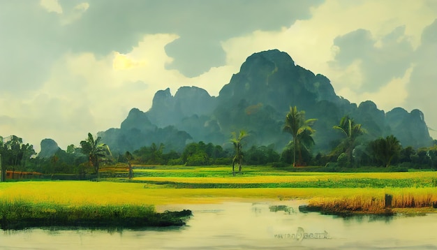 Tailandia paisaje pintura ilustración Tailandia naturaleza campos verdes y río arte