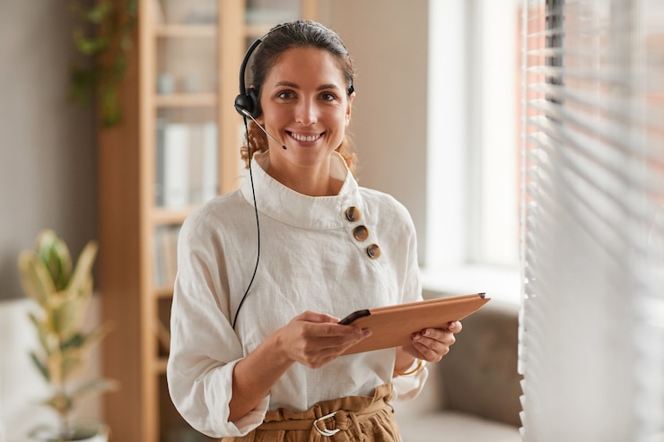 Foto taille hoch porträt der lächelnden geschäftsfrau, die headset trägt und kamera während des online-treffens im büro, kopierraum betrachtet