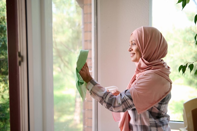 Taillenlanges Seitenporträt einer fröhlichen, glücklichen jungen arabischen Muslimin mit bedecktem Kopf im Hijab, die Fenster wäscht, während sie den Frühjahrsputz in Haus oder Wohnung genießt, Kopierraum