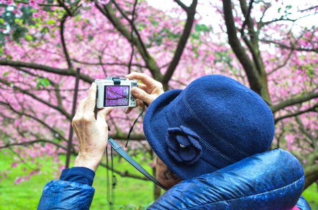 Taipei Taiwán 10 de febrero de 2019 Personas sosteniendo una cámara mientras toman flores de cerezo