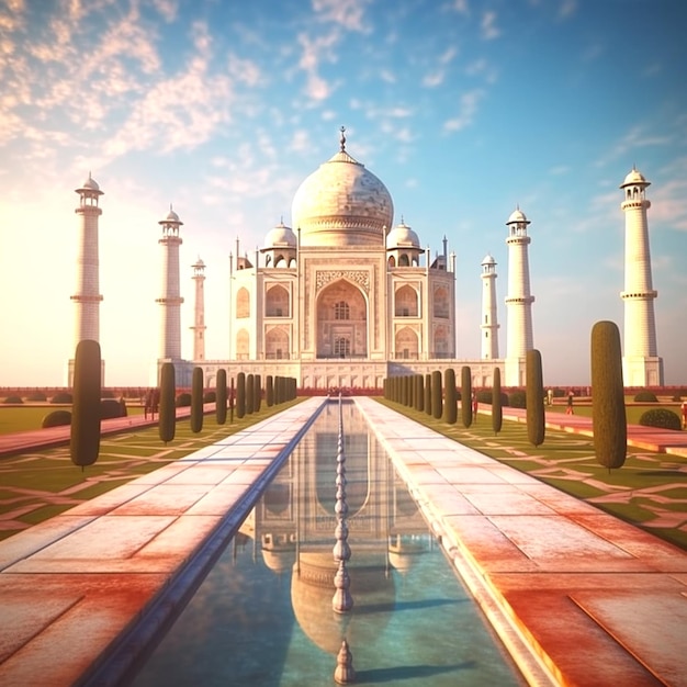 Taj Mahal blanco con un cielo azul.