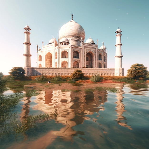 Taj Mahal blanco con un cielo azul.