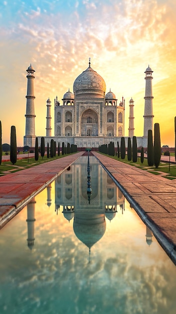 Taj Mahal blanco con un cielo azul.