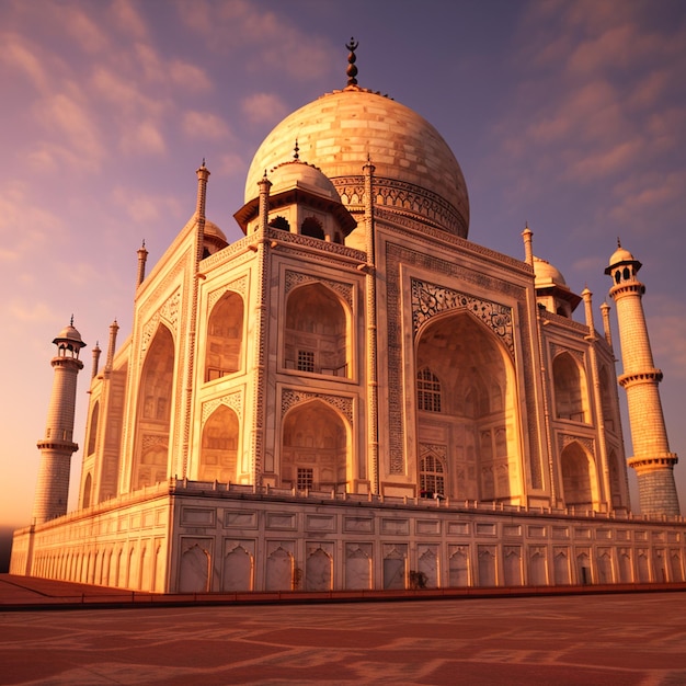 Taj Mahal blanco con un cielo azul.