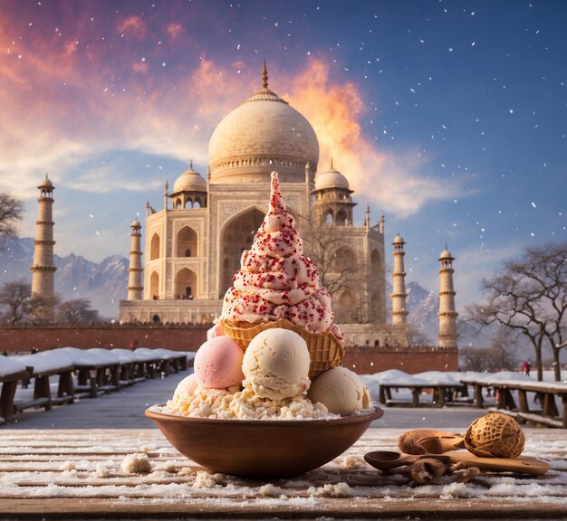 Foto taj mahal con helado y copos de nieve agra india