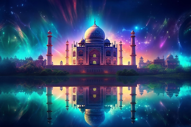 Taj Mahal mit Reflexion im Teich 3D-Rendering ai generiert