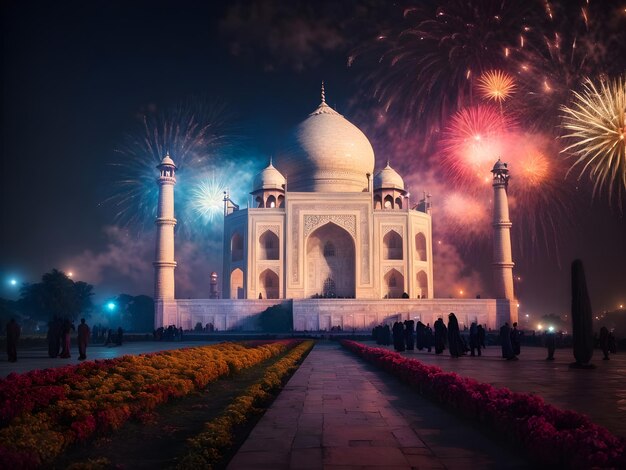 Taj Mahal por la noche con fuegos artificiales