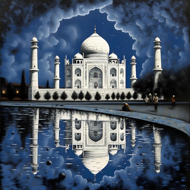 Taj Mahal pintura arte azul e branco